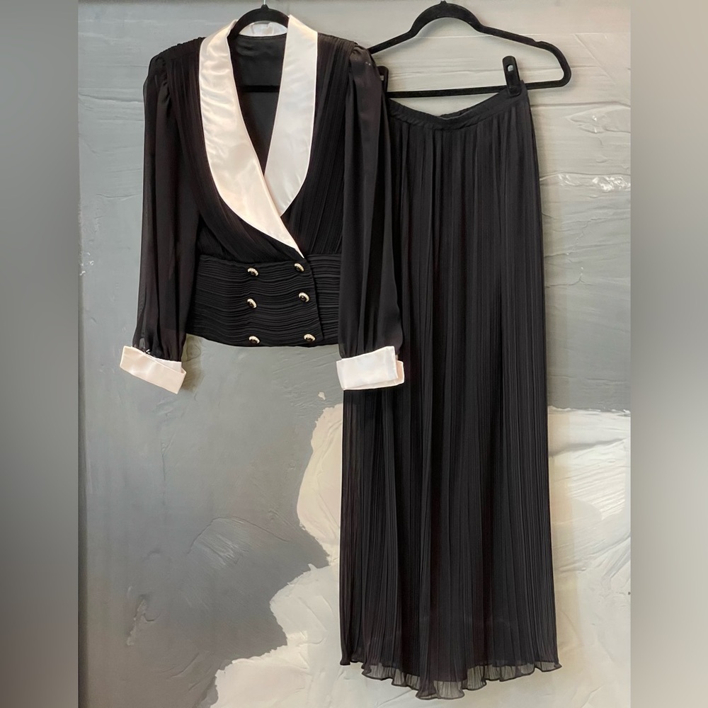 Vintage MISS ELLIETTE Dress Blk Chiffon/White Trim Formal Evening Long Gown Sz 6 - Picture 7 of 11